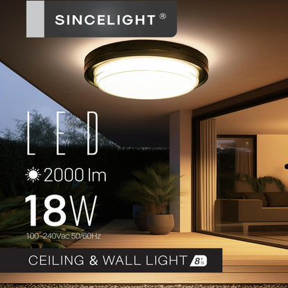 LED Outdoor Ceiling and Wall Light, 18W 3CCT Color-Selectable, 110–240V, 222mm Modern Bulkhead for Home and Garden - product view 2