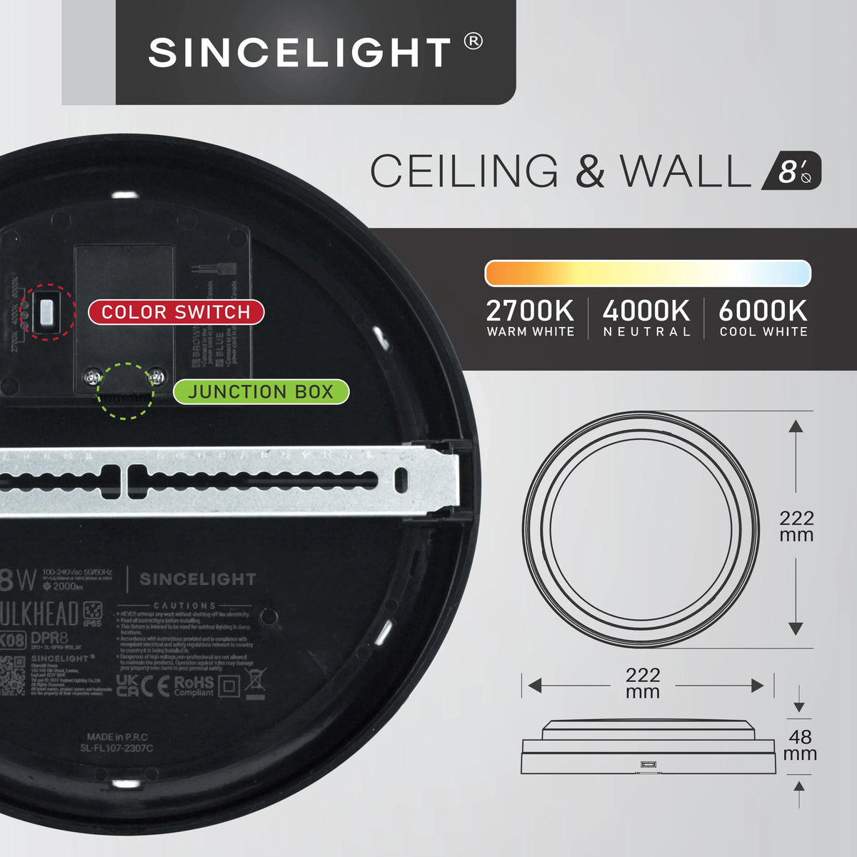 LED Outdoor Ceiling and Wall Light, 18W 3CCT Color-Selectable, 110–240V, 222mm Modern Bulkhead for Home and Garden - product view 5