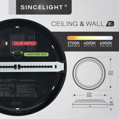LED Outdoor Ceiling and Wall Light, 18W 3CCT Color-Selectable, 110–240V, 222mm Modern Bulkhead for Home and Garden - product view 5