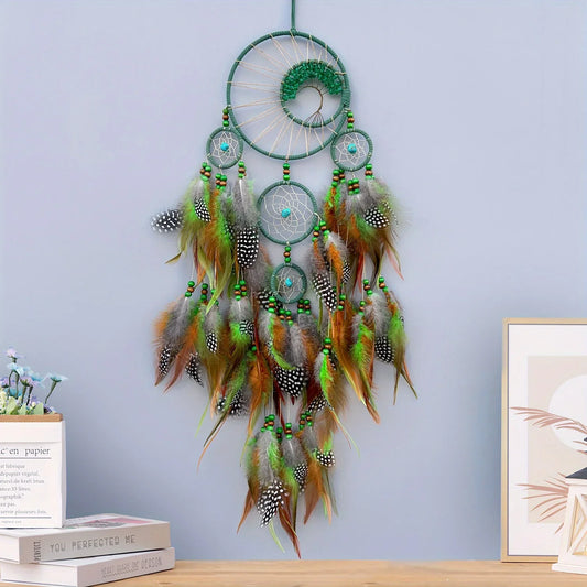 Feather Dream Catcher with Bell, Textile Hanging Bedroom Décor, Romantic Ornament in Green or Purple - product view 1