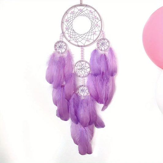 Handmade Feather Dream Catcher, Textile Hanging Ornament in Purple, Cyan or Pink for Bedroom, Door and Indoor Décor - product view 1