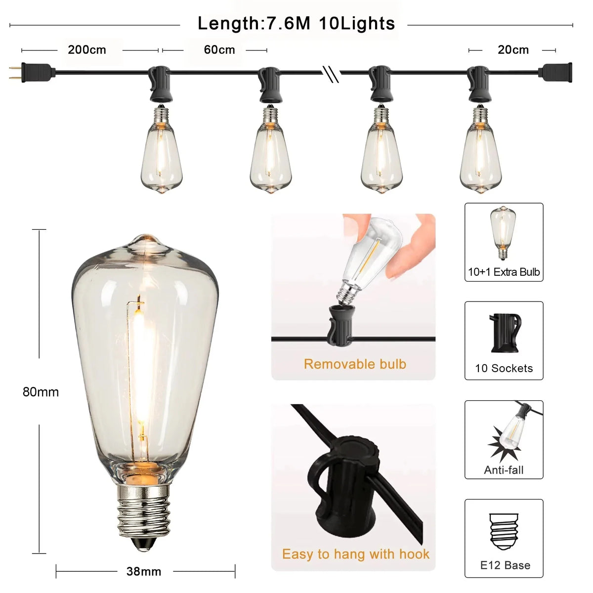 Outdoor String Lights, Waterproof Shatterproof ST38 LED Bulbs, Dimmable, Connectable 7.6–20 m EU Plug Patio Decor - product view 1