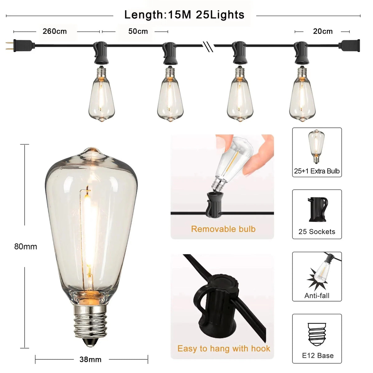 Outdoor String Lights, Waterproof Shatterproof ST38 LED Bulbs, Dimmable, Connectable 7.6–20 m EU Plug Patio Decor - product view 3
