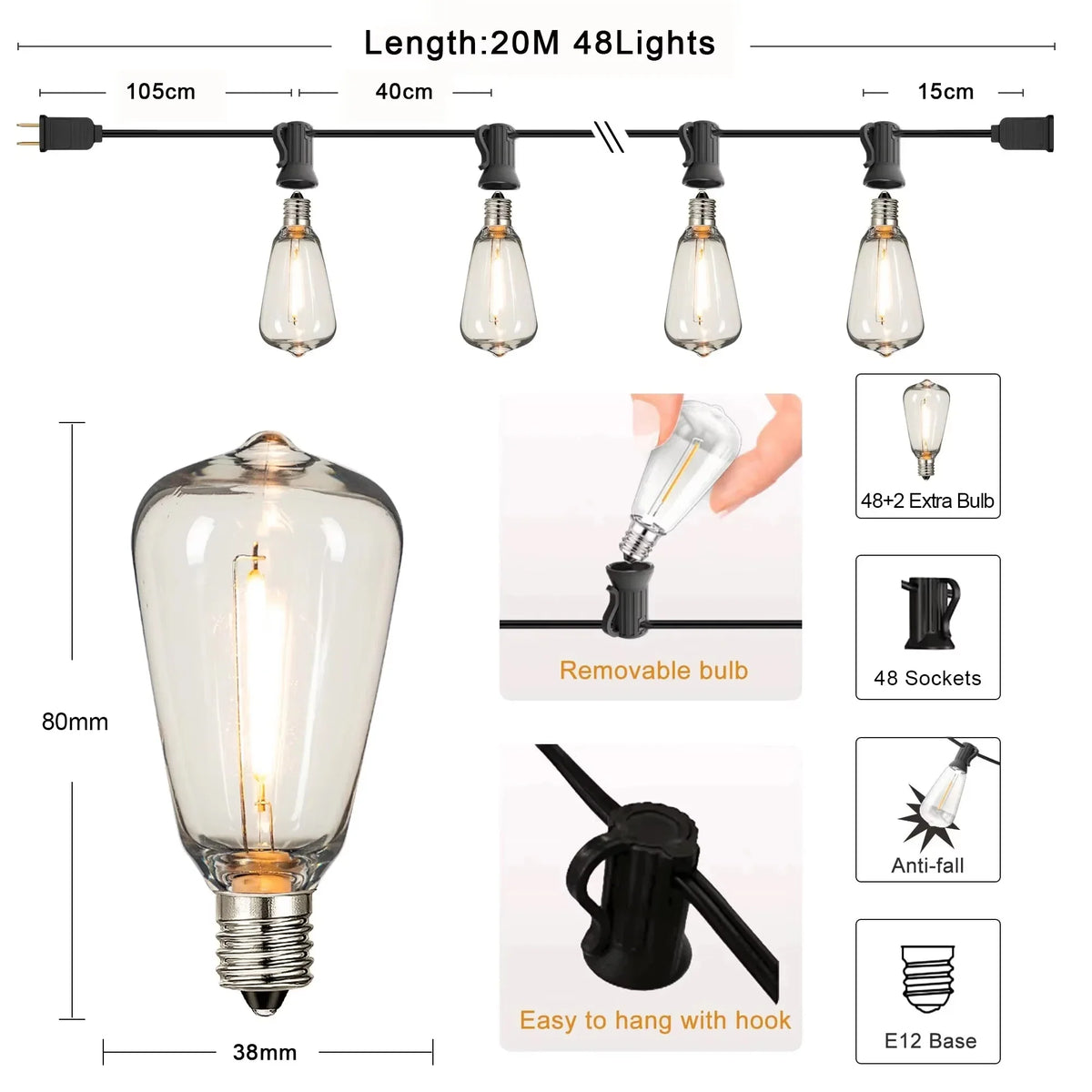 Outdoor String Lights, Waterproof Shatterproof ST38 LED Bulbs, Dimmable, Connectable 7.6–20 m EU Plug Patio Decor - product view 4
