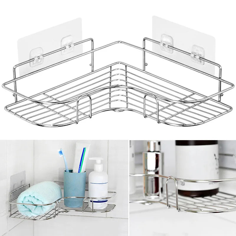 Stainless Steel Corner Shower Shelf, Adhesive Wall-Mounted Bathroom Caddy, 37 × 26.5 × 12 cm, Single-Shelf Storage Rack - product view 4