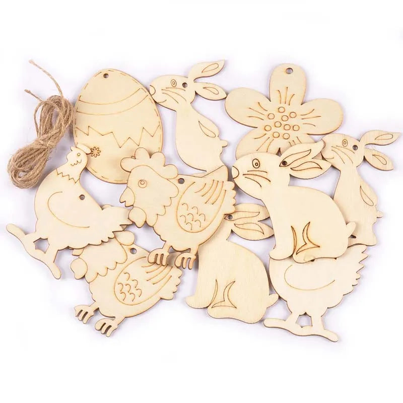 10-Piece Wooden Easter Rabbit Egg Hanging Ornaments, Mixed 6-9cm DIY Decorations for Spring Crafts - product view 2