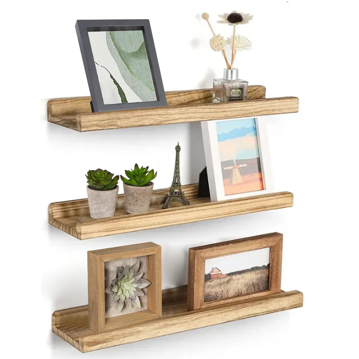 Wooden Picture Ledge Shelf, Wall-Mounted Display Shelf with Front Lip in Brown, Black, Carbonized Black or White - product view 3
