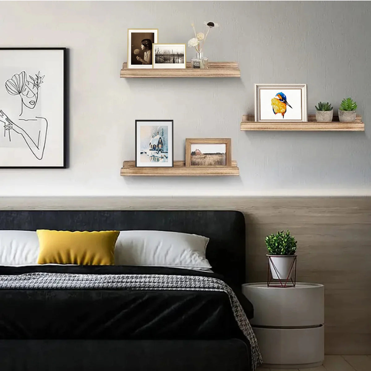 Wooden Picture Ledge Shelf, Wall-Mounted Display Shelf with Front Lip in Brown, Black, Carbonized Black or White - product view 6