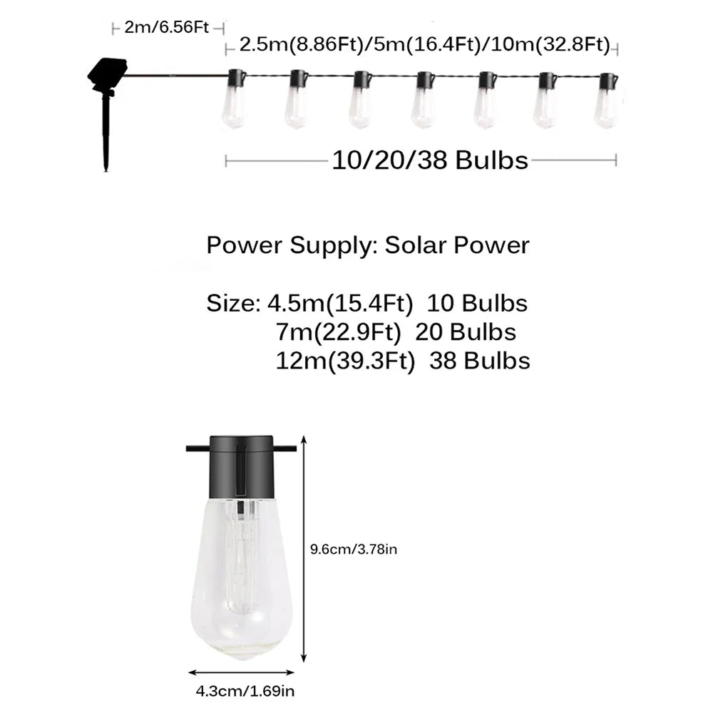Solar String Lights, Warm White LED Bulbs, Self-Contained Holiday Patio Garland, Waterproof Modern Outdoor Decor in 3 Length Options - product view 3