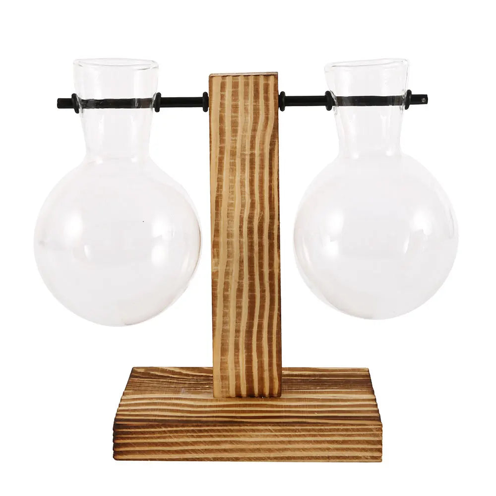 Glass Table Centerpiece Planter Vase with Solid Wood Stand, Mini Bulb Shape, 13.5–19.5 cm Desktop Home Décor - product view 2
