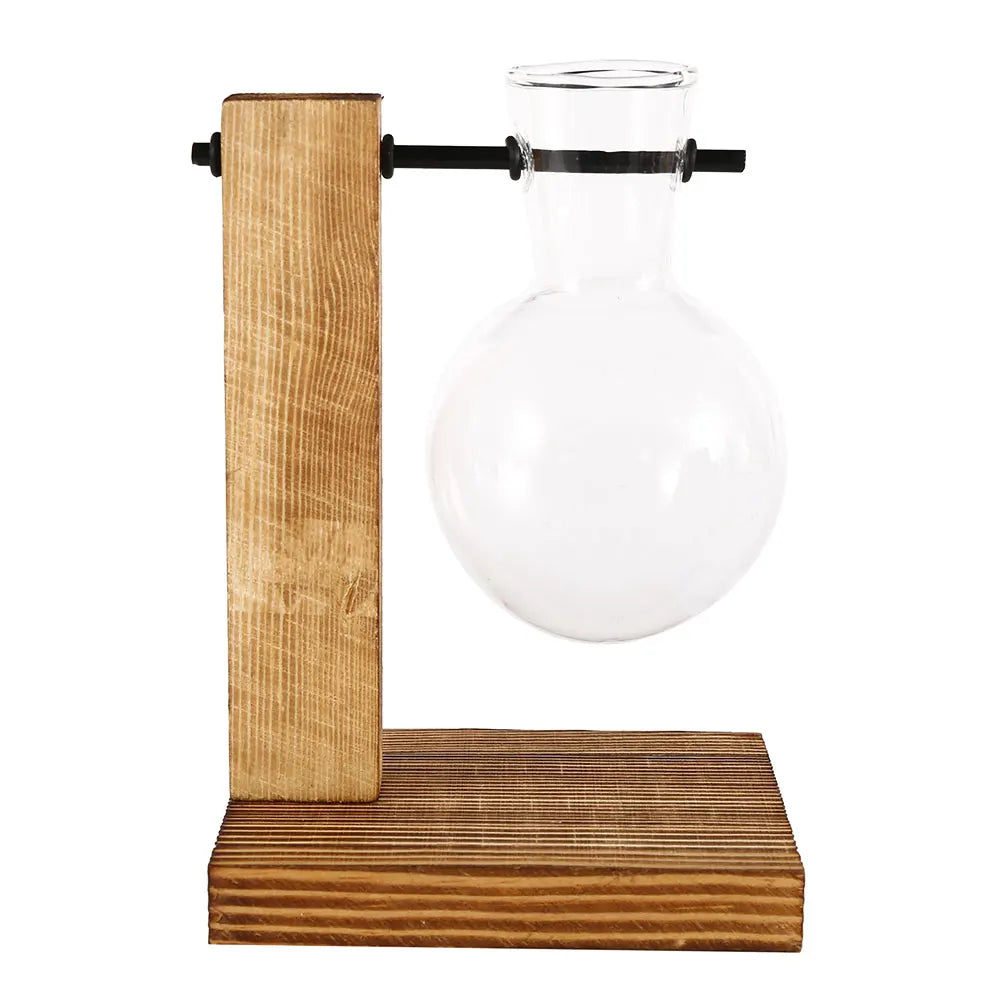 Glass Table Centerpiece Planter Vase with Solid Wood Stand, Mini Bulb Shape, 13.5–19.5 cm Desktop Home Décor - product view 3