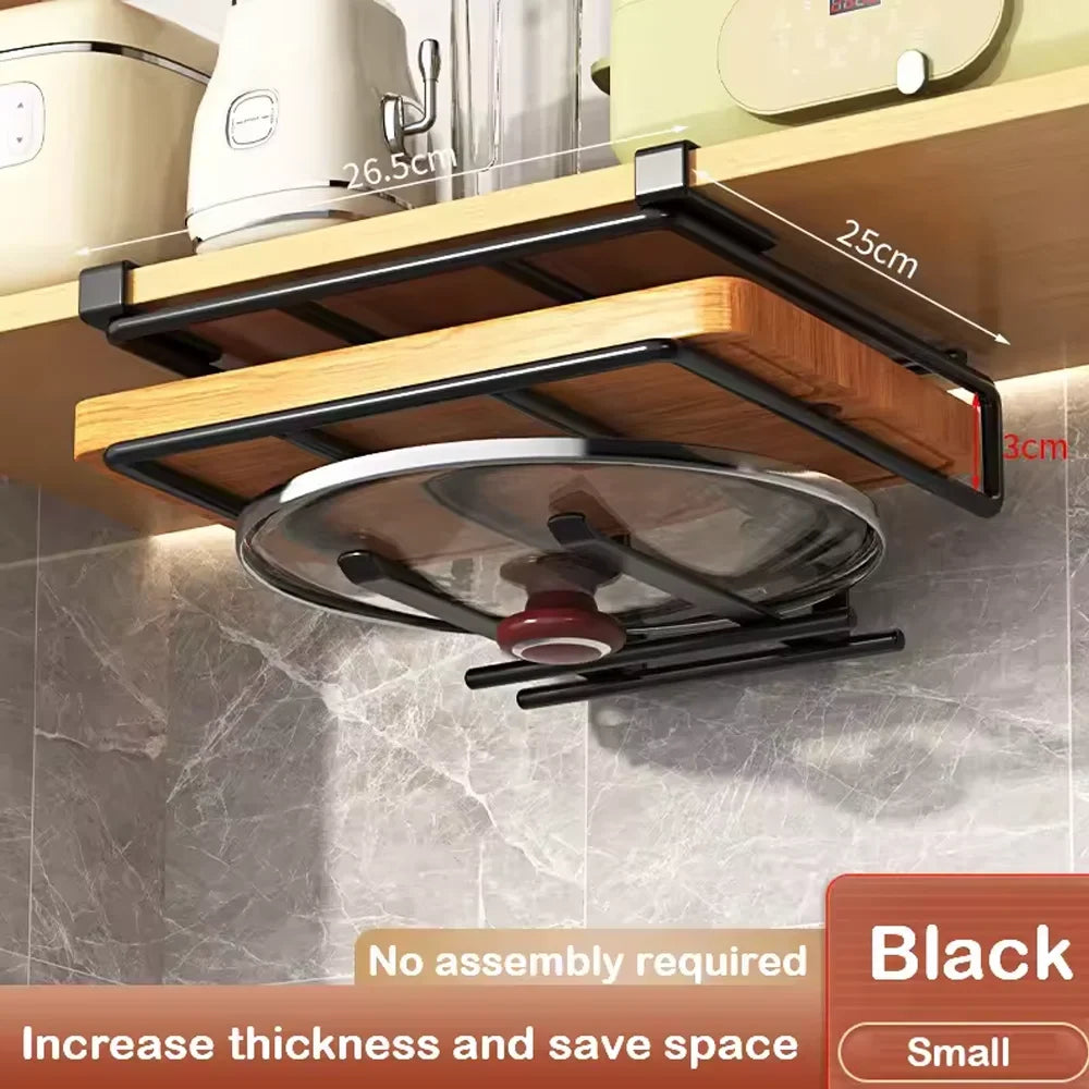 Under-Cabinet Kitchen Organizer Rack, Reusable Steel Storage Shelf with Hooks for Pot Covers, Boards and Paper Towels - product view 3