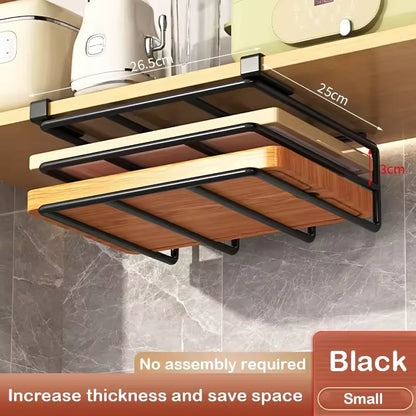 Under-Cabinet Kitchen Organizer Rack, Reusable Steel Storage Shelf with Hooks for Pot Covers, Boards and Paper Towels - product view 4