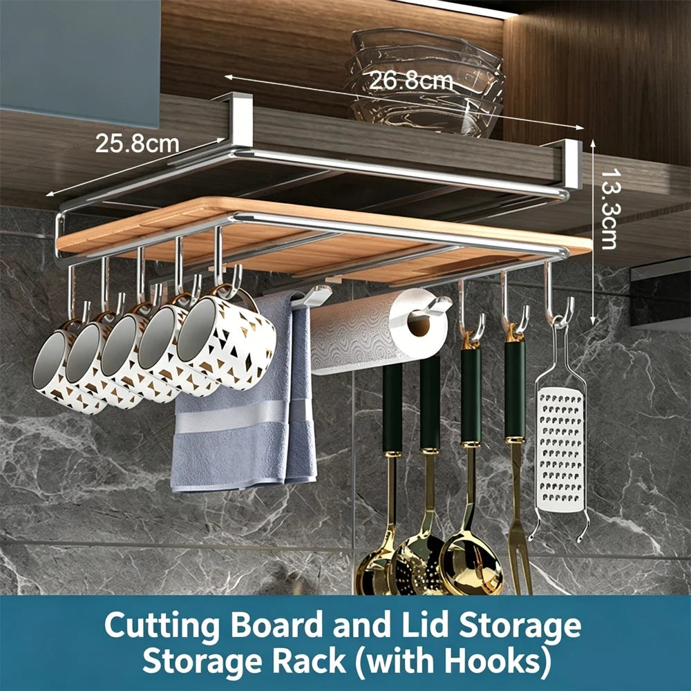 Under-Cabinet Kitchen Organizer Rack, Reusable Steel Storage Shelf with Hooks for Pot Covers, Boards and Paper Towels - product view 6