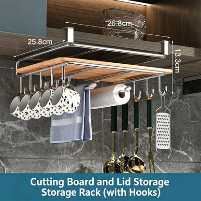Under-Cabinet Kitchen Organizer Rack, Reusable Steel Storage Shelf with Hooks for Pot Covers, Boards and Paper Towels - product view 6