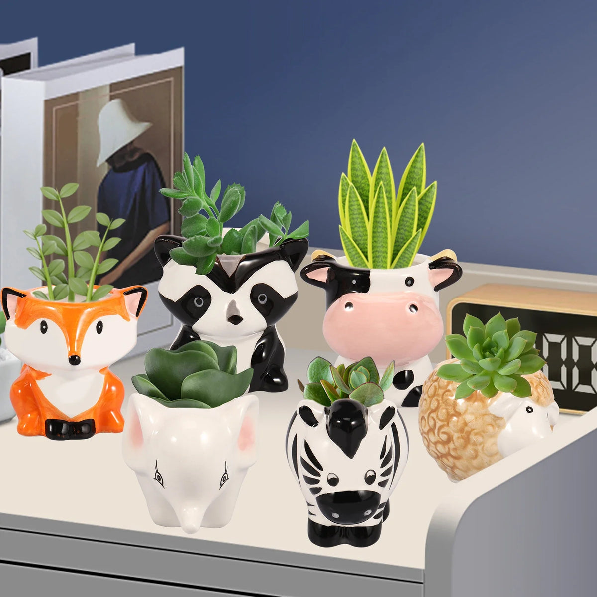 Ceramic Animal Planter Set, Cute Succulent Pots with Drainage Holes, 6-Piece Option for Home and Desk Décor - product view 6