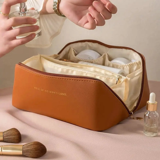Fashion Cosmetic Bag, Zipper Makeup and Toiletry Organizer for Travel, PU Leather Storage Pouch in Brown, Black, Pink or White - product view 1