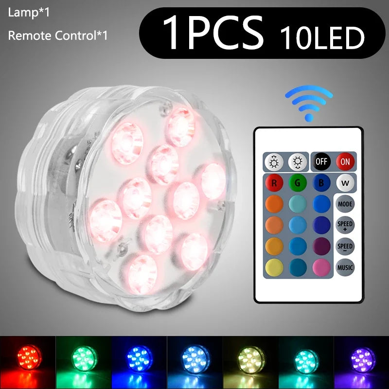 Submersible LED Pool Lights, 10 RGB LEDs, Remote Control, 16 Static and 4 Dynamic Modes, Battery Powered - product view 1