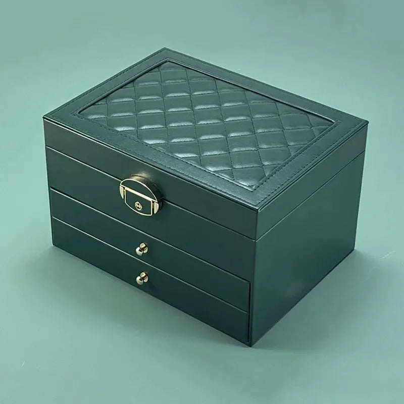 Jewelry Box, Large Multi-Layer Leather Organizer with Velvet-Lined Drawers, Oxidation Finish, Green, White, Black or Pink - product view 1