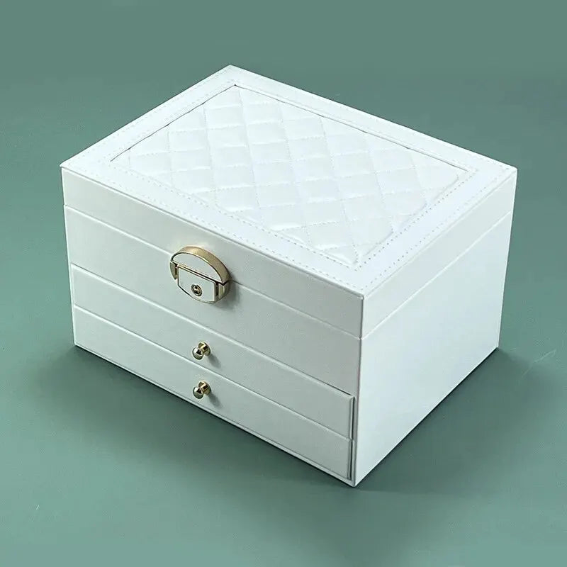 Jewelry Box, Large Multi-Layer Leather Organizer with Velvet-Lined Drawers, Oxidation Finish, Green, White, Black or Pink - product view 2