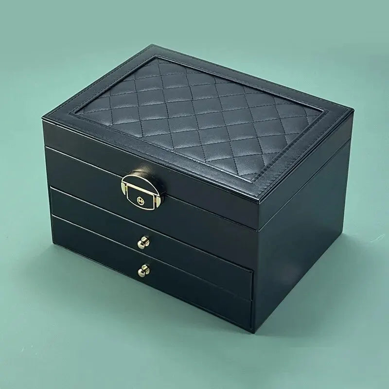Jewelry Box, Large Multi-Layer Leather Organizer with Velvet-Lined Drawers, Oxidation Finish, Green, White, Black or Pink - product view 3