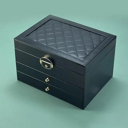 Jewelry Box, Large Multi-Layer Leather Organizer with Velvet-Lined Drawers, Oxidation Finish, Green, White, Black or Pink - product view 3