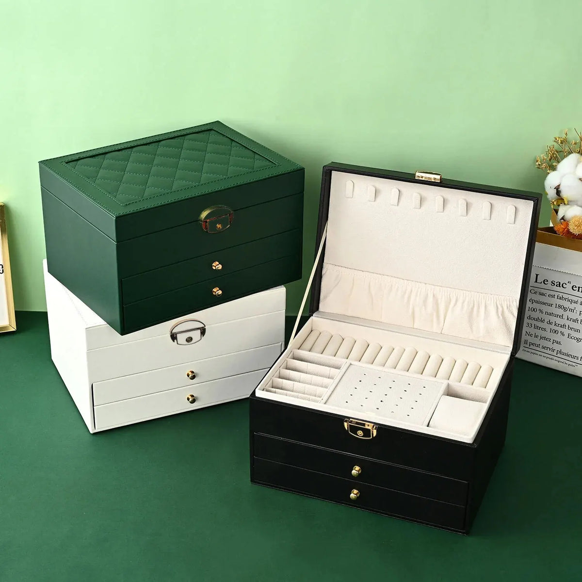 Jewelry Box, Large Multi-Layer Leather Organizer with Velvet-Lined Drawers, Oxidation Finish, Green, White, Black or Pink - product view 5