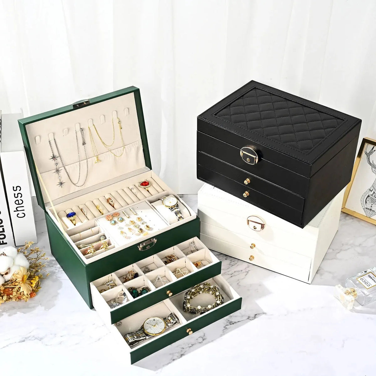 Jewelry Box, Large Multi-Layer Leather Organizer with Velvet-Lined Drawers, Oxidation Finish, Green, White, Black or Pink - product view 6