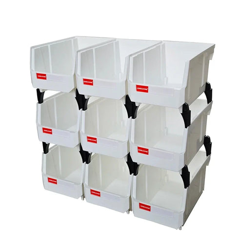 Stackable Plastic Organizer Bins, 9-Piece Rectangular Workshop Storage Set, Glossy Finish, 200 × 130 × 110 mm, White - product view 1