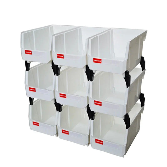 Stackable Plastic Organizer Bins, 9-Piece Rectangular Workshop Storage Set, Glossy Finish, 200 × 130 × 110 mm, White - product view 1
