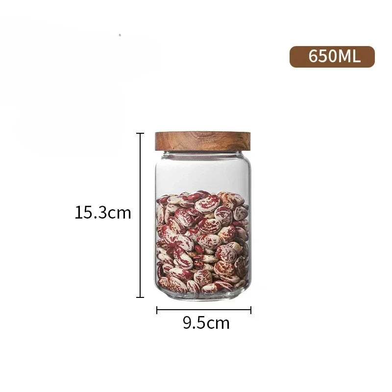 Glass Airtight Cereal Container with Wood Lid, Japan-Style Kitchen Storage Jar, 250 ml to 1550 ml Sizes - product view 3