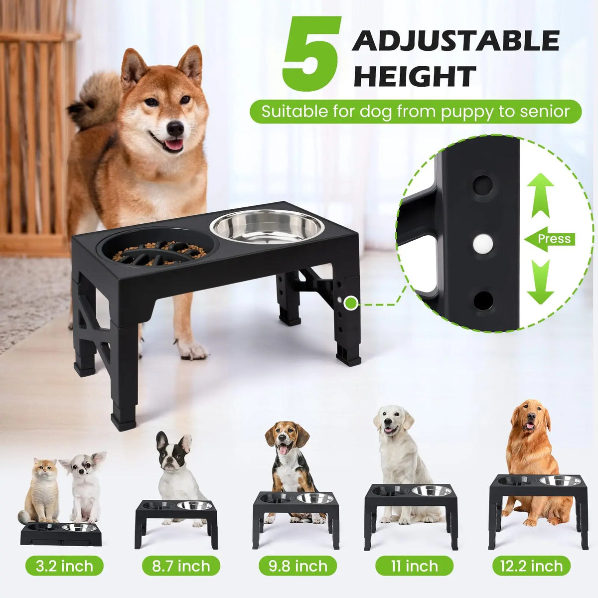 Adjustable Elevated Dog Bowl Stand with Double Stainless Steel Bowls, 43 x 23 cm Raised Feeder for All Breeds - product view 4