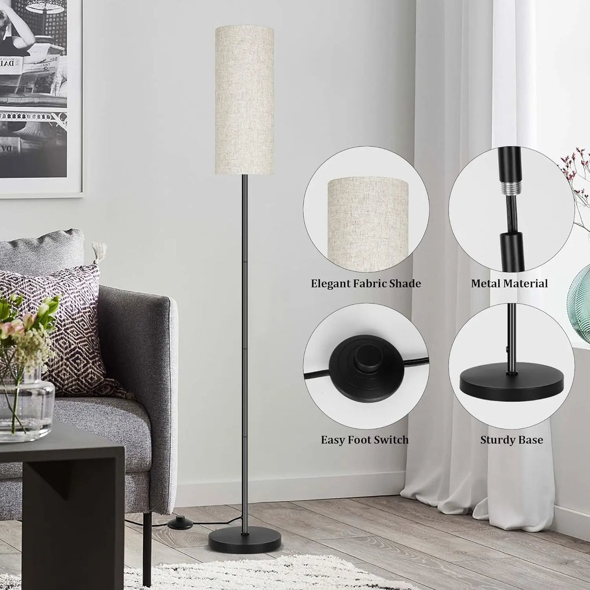 Modern Iron Floor Lamp with Cloth Shade, Foot-Switch Dimming, 3 Color Temperatures, 6–10W LED Light for Bedroom and Living Room - product view 6