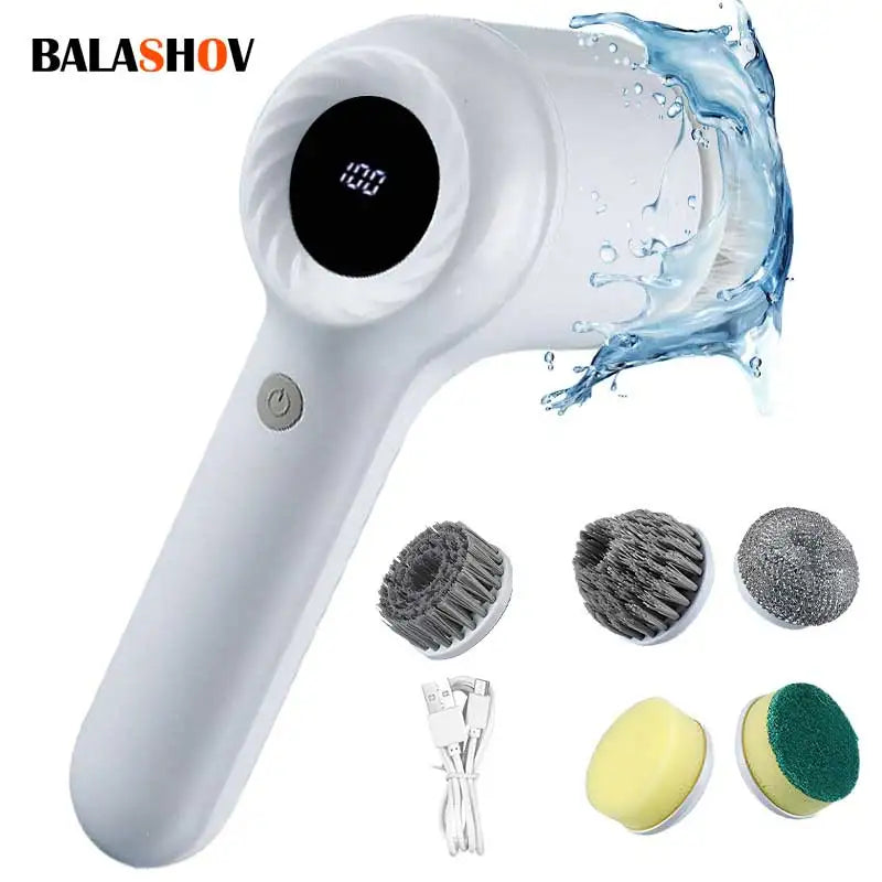 USB Electric Spin Scrubber, Rotary Cleaning Brush with 5 Brush Heads for Kitchen, Bathtub and Tile, White or Purple - product view 3