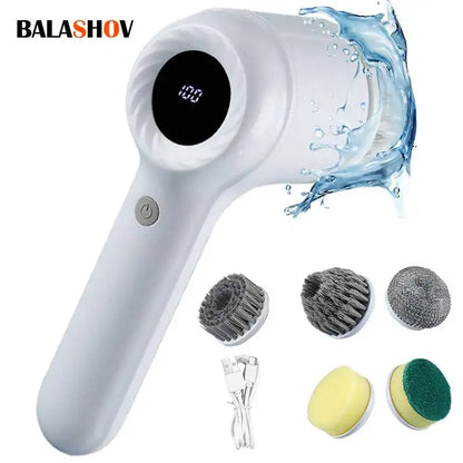 USB Electric Spin Scrubber, Rotary Cleaning Brush with 5 Brush Heads for Kitchen, Bathtub and Tile, White or Purple - product view 3