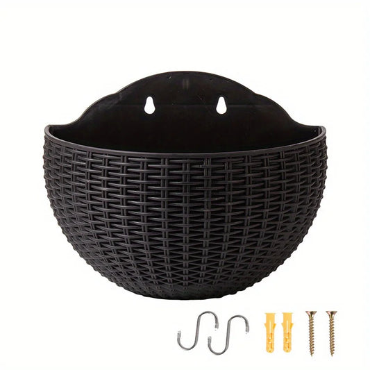 Wall Hanging Planter, Plastic Half-Round Imitation Rattan Flower Pot with Water Storage, Drain Plug and 10 Color Options - product view 1