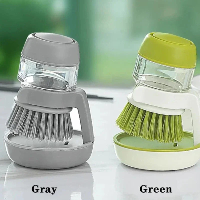 Press-Type Soap Dispensing Dish Brush, Round Plastic Hand Scrubber for Household Kitchen Cleaning, Grey or Green - product view 3