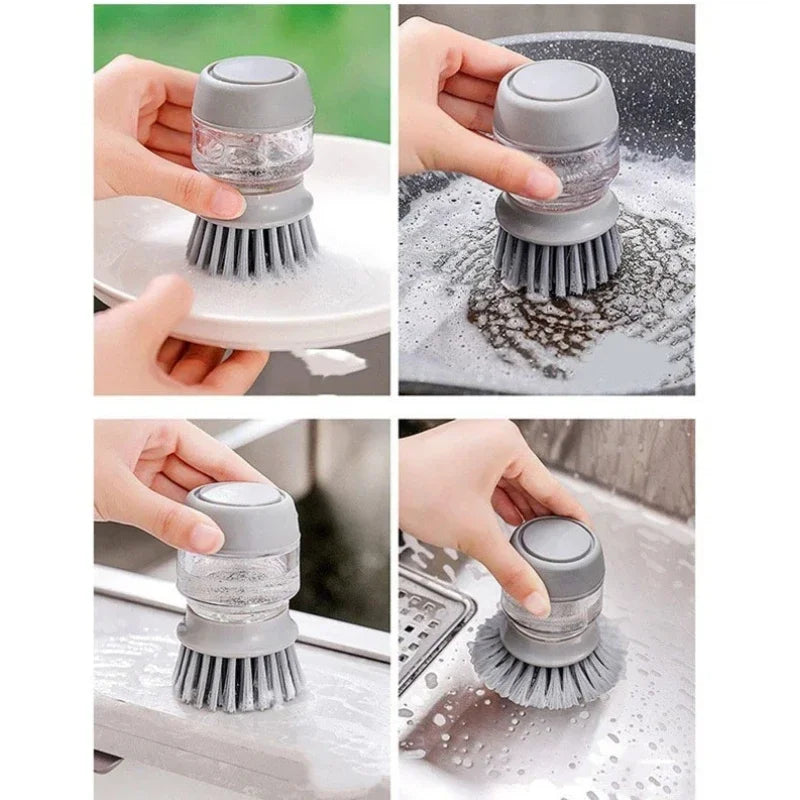 Press-Type Soap Dispensing Dish Brush, Round Plastic Hand Scrubber for Household Kitchen Cleaning, Grey or Green - product view 4