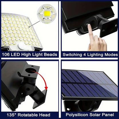 106 LED Solar Motion Flood Light, 3 Lighting Modes, Dimmable, 1800 mAh Battery, Separate Panel for Garden, Garage and Street - product view 6
