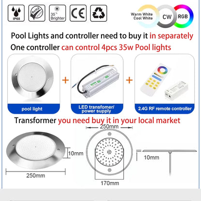 LED Pool Light, 12V DC Stainless Steel Underwater Lamp, RGB, Warm White or Cold White for Swimming Pools - product view 5