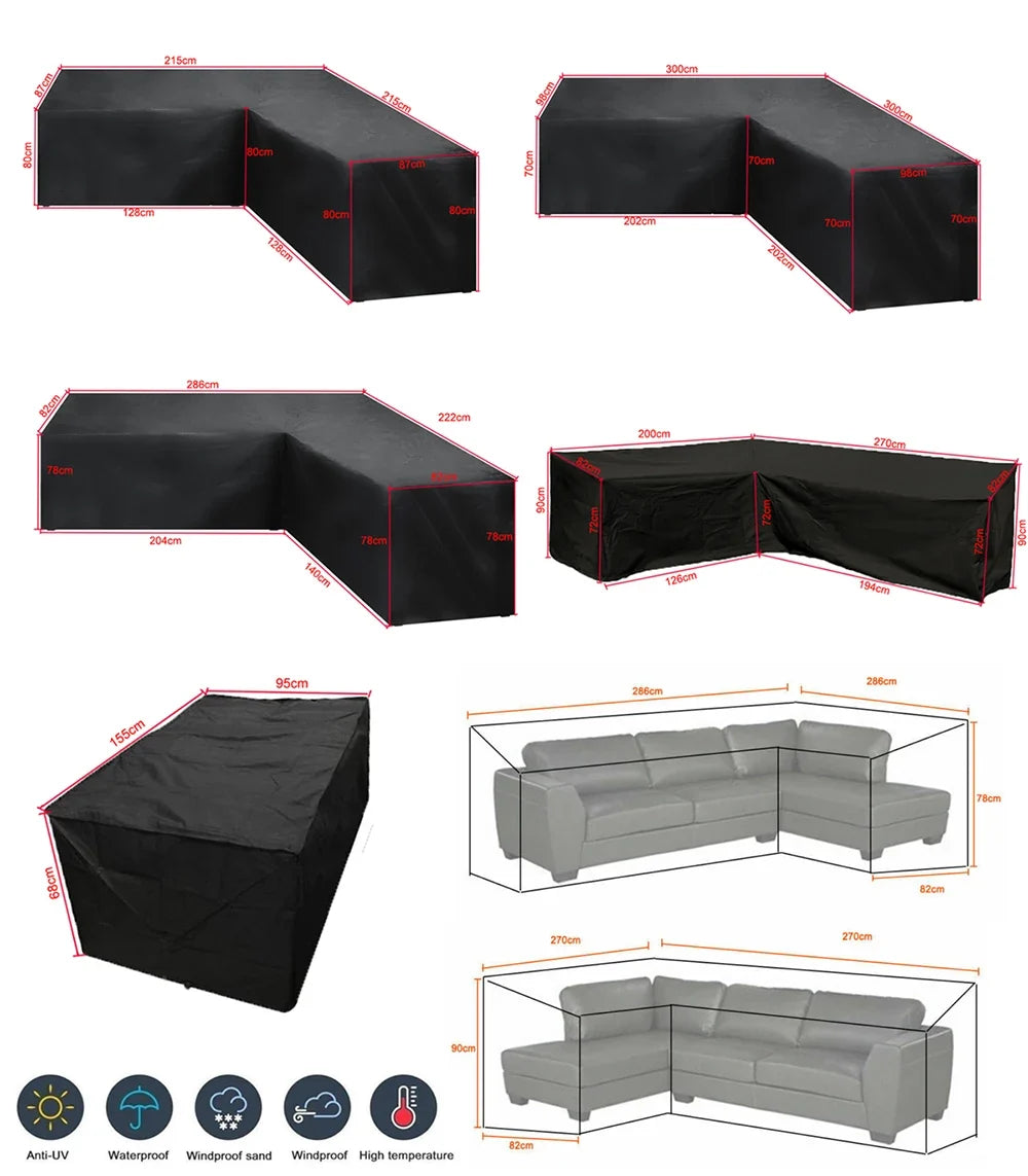 L-Shaped Patio Furniture Cover, Waterproof UV-Resistant Polyester Sofa Cover with Drawstring, Black, 10 Size Options - product view 1