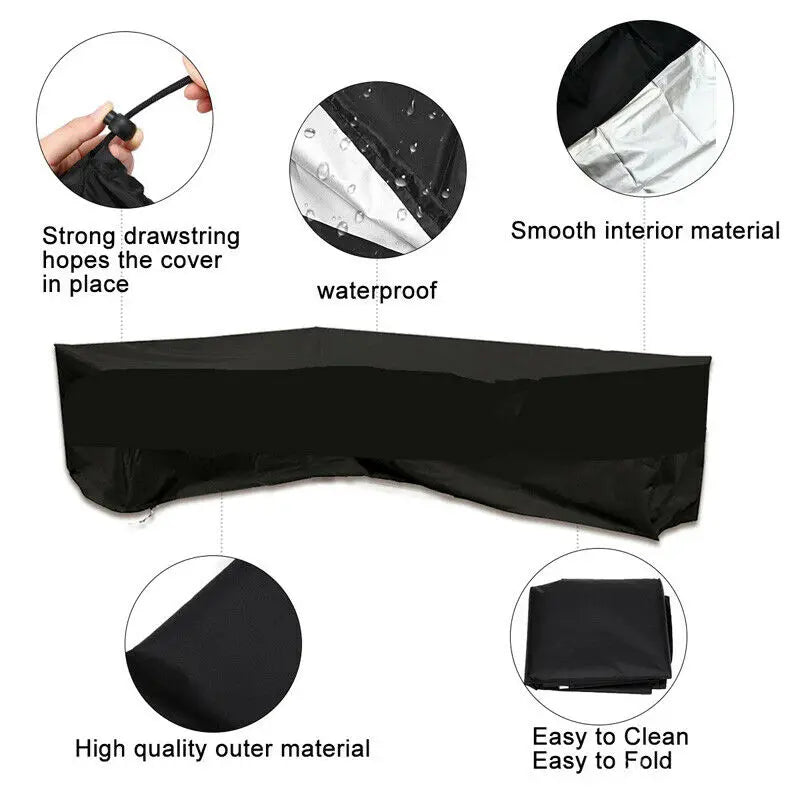 L-Shaped Patio Furniture Cover, Waterproof UV-Resistant Polyester Sofa Cover with Drawstring, Black, 10 Size Options - product view 5
