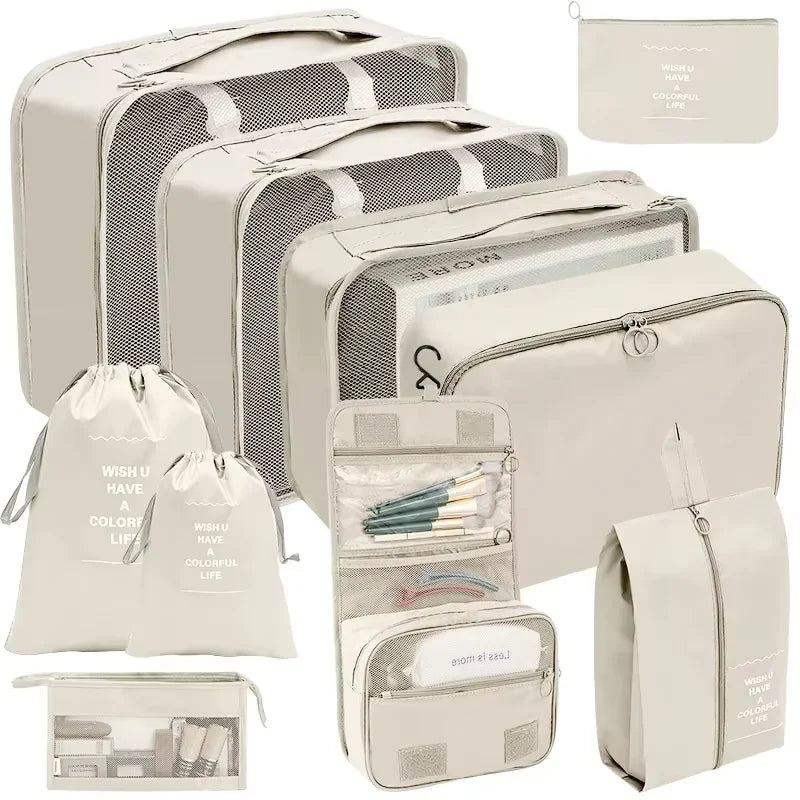 7-Piece Foldable Luggage Organizer Set, Oxford Garment, Shoe and Travel Storage Pouches in Beige - product view 2