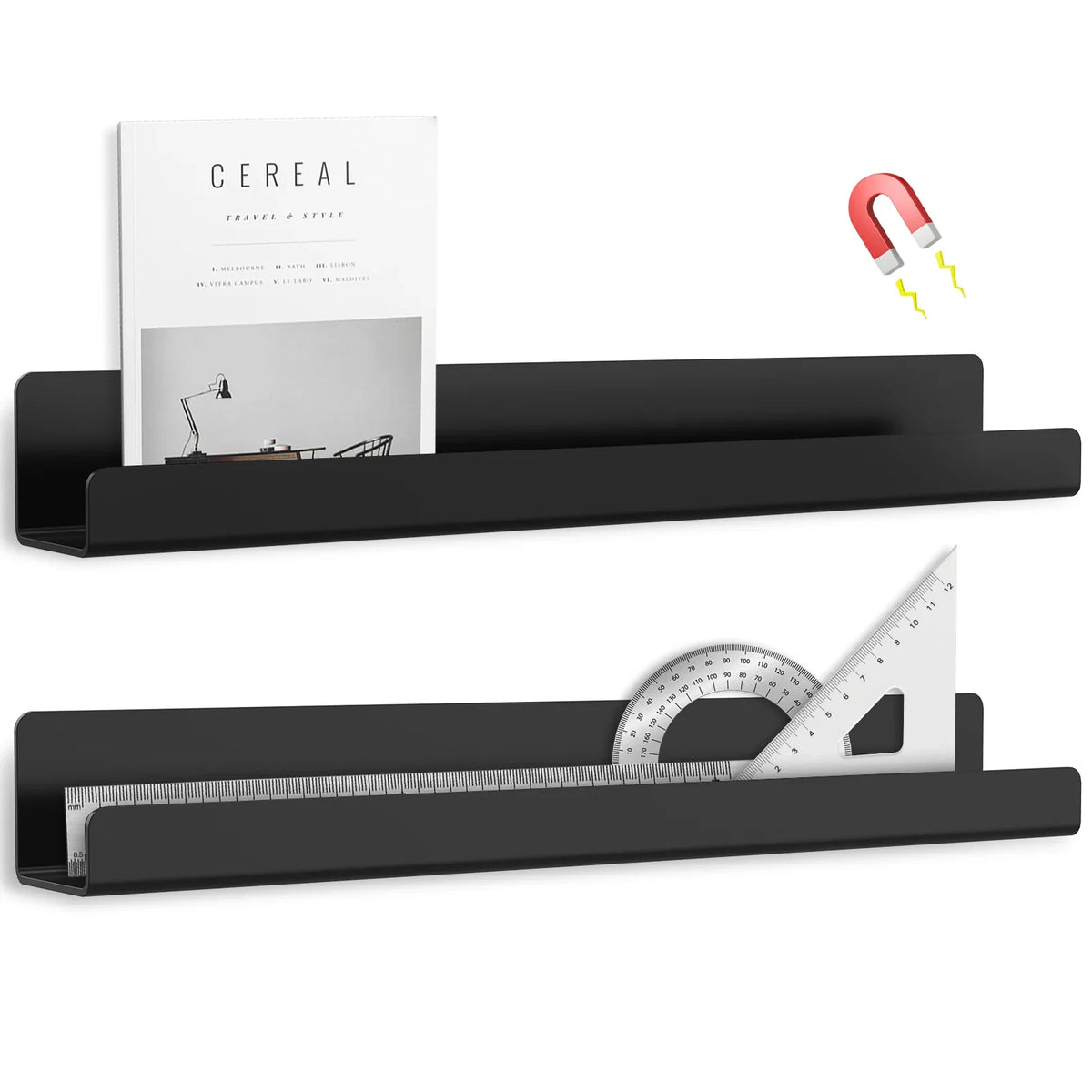 Magnetic Picture Ledge, 2-Piece Wall-Mounted Book and Display Shelf, 40 cm, 4 kg Capacity, Optional Pen Set - product view 1