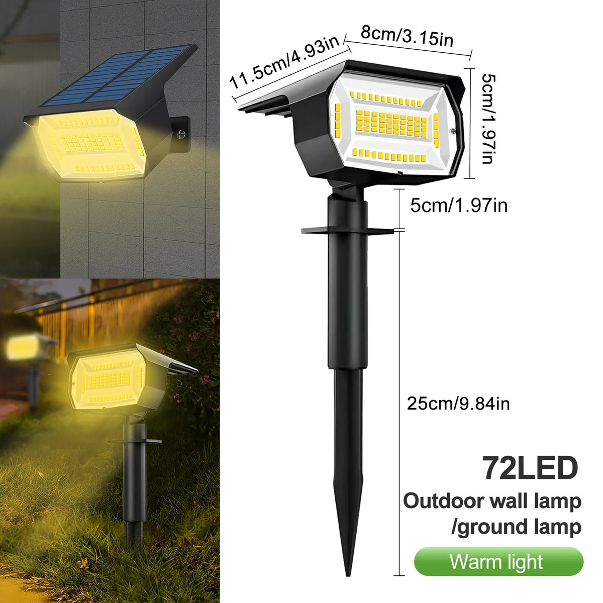 Solar Landscape Spotlight, 72 LED Outdoor Garden Light, 3 Brightness Modes, ABS Body for Yard and Path Lighting - product view 2