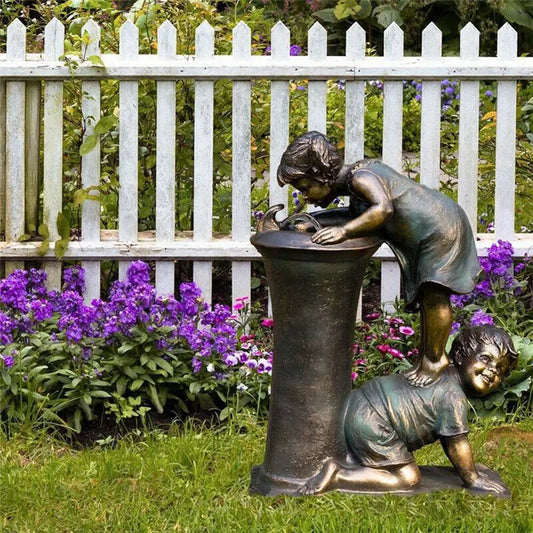 Resin Boy and Girl Garden Statue, Kissing Kids Sculpture with Bath, Drinking Water or Taping Water Styles - product view 1