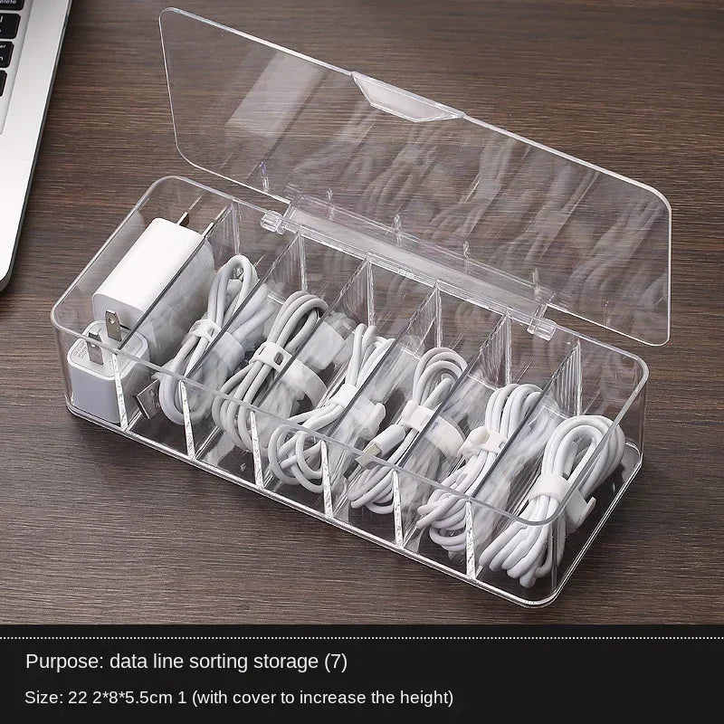 Transparent Cable Storage Box, Reusable Plastic Organizer with Divided Grid Compartments for Chargers and Data Cables - product view 5