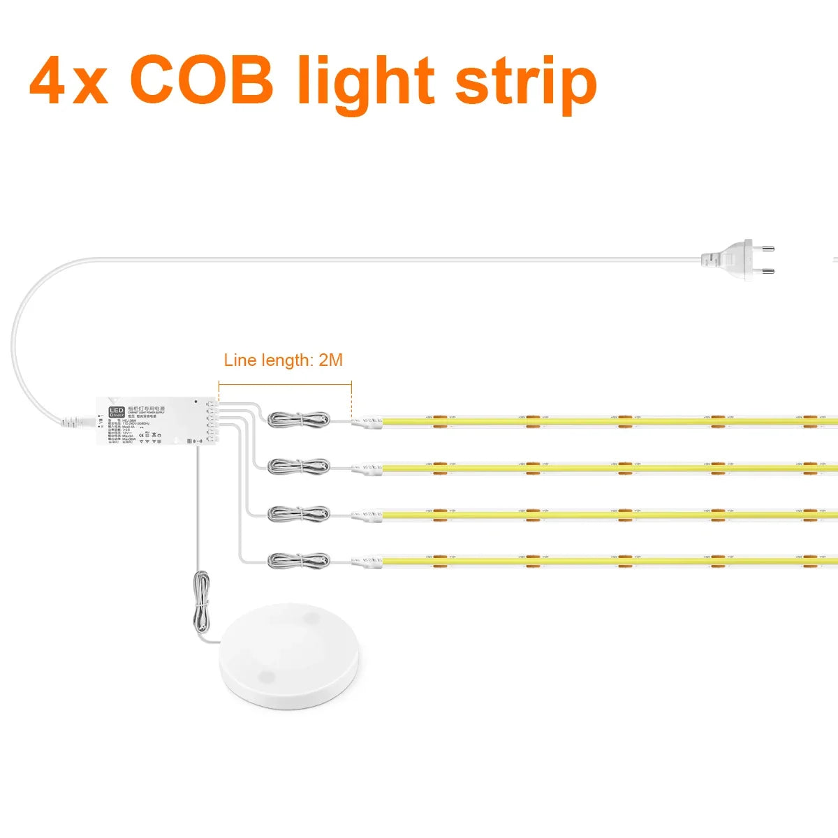 COB LED Strip Light with Through-Surface Touch Dimmer, 100–500cm, Warm or Neutral White, EU or US Plug - product view 4