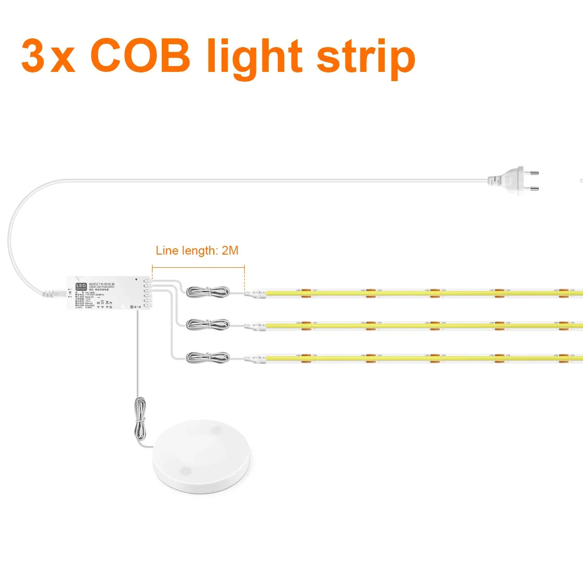 COB LED Strip Light with Through-Surface Touch Dimmer, 100–500cm, Warm or Neutral White, EU or US Plug - product view 5