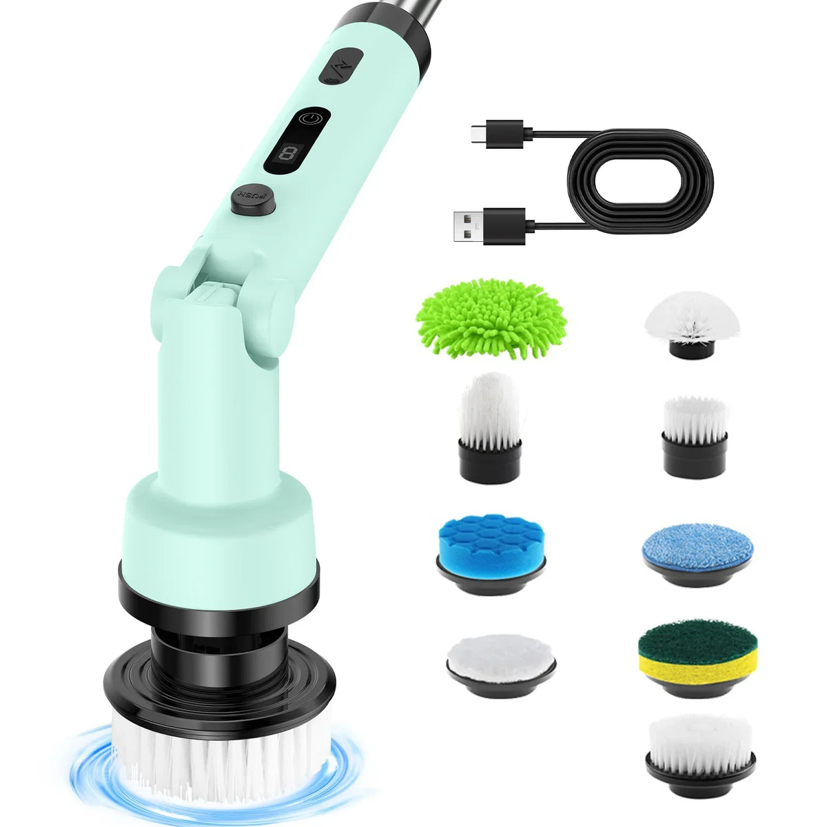 Cordless Electric Spin Scrubber, 9 Replaceable Brush Heads, Adjustable Handle and Digital Display for Bathroom and Floor Cleaning - product view 1